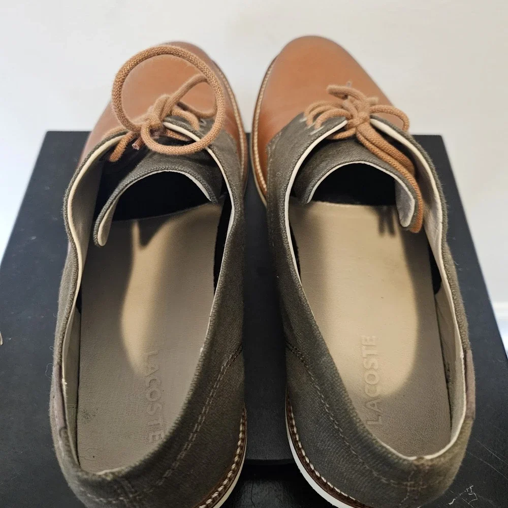 Lacoste Men's Sherbrooke Oxford Leather Canvas Brown Shoes Size 12